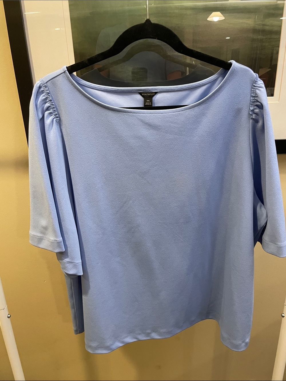 Ann Taylor. XXL. Powder Blue Boatneck Knit Blouse with Gathered Short Sleeves